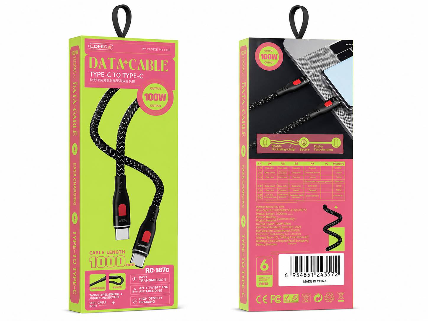 کابل شارژ Type-C به Type-C مدل RC-187C توان 100 وات