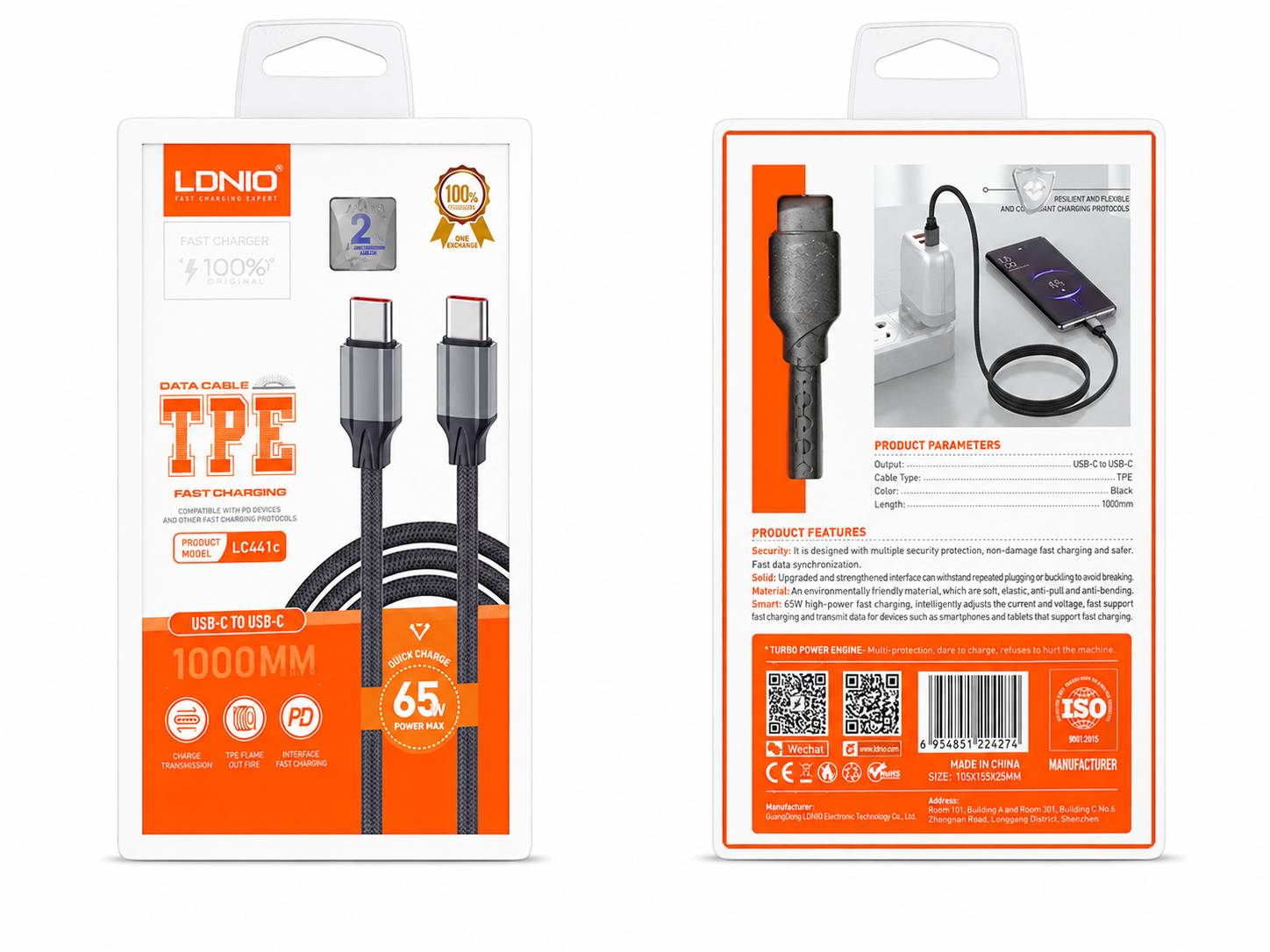 کابل شارژ USB-C به USB-C الدینیو LDNIO LC441C توان 65 وات طول 1 متر
