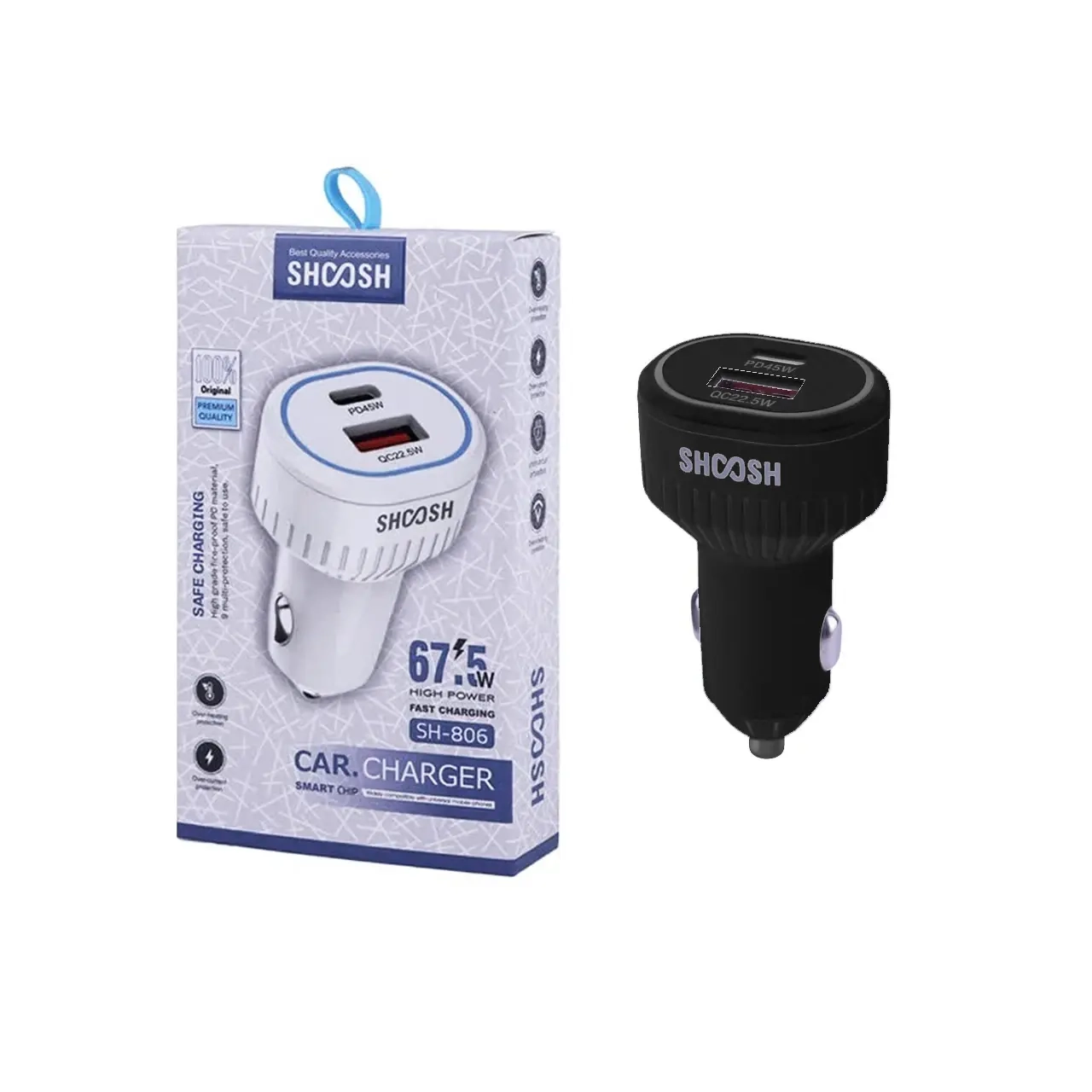 شارژر فندکی Shoosh مدل SH-806 | ۶۷.۵ وات | دو پورت (PD + USB) - مشکی
